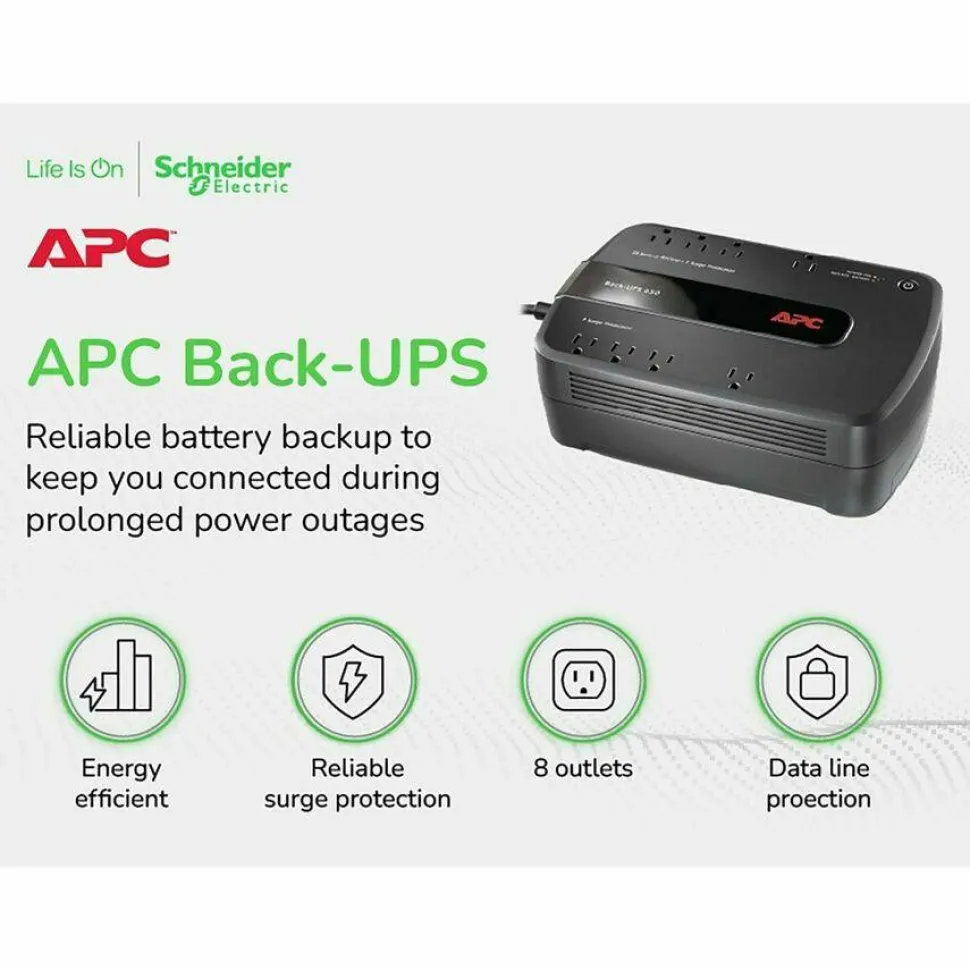 APC Back-UPS 650VA, 120V, 8 NEMA outlets (4 surge)
