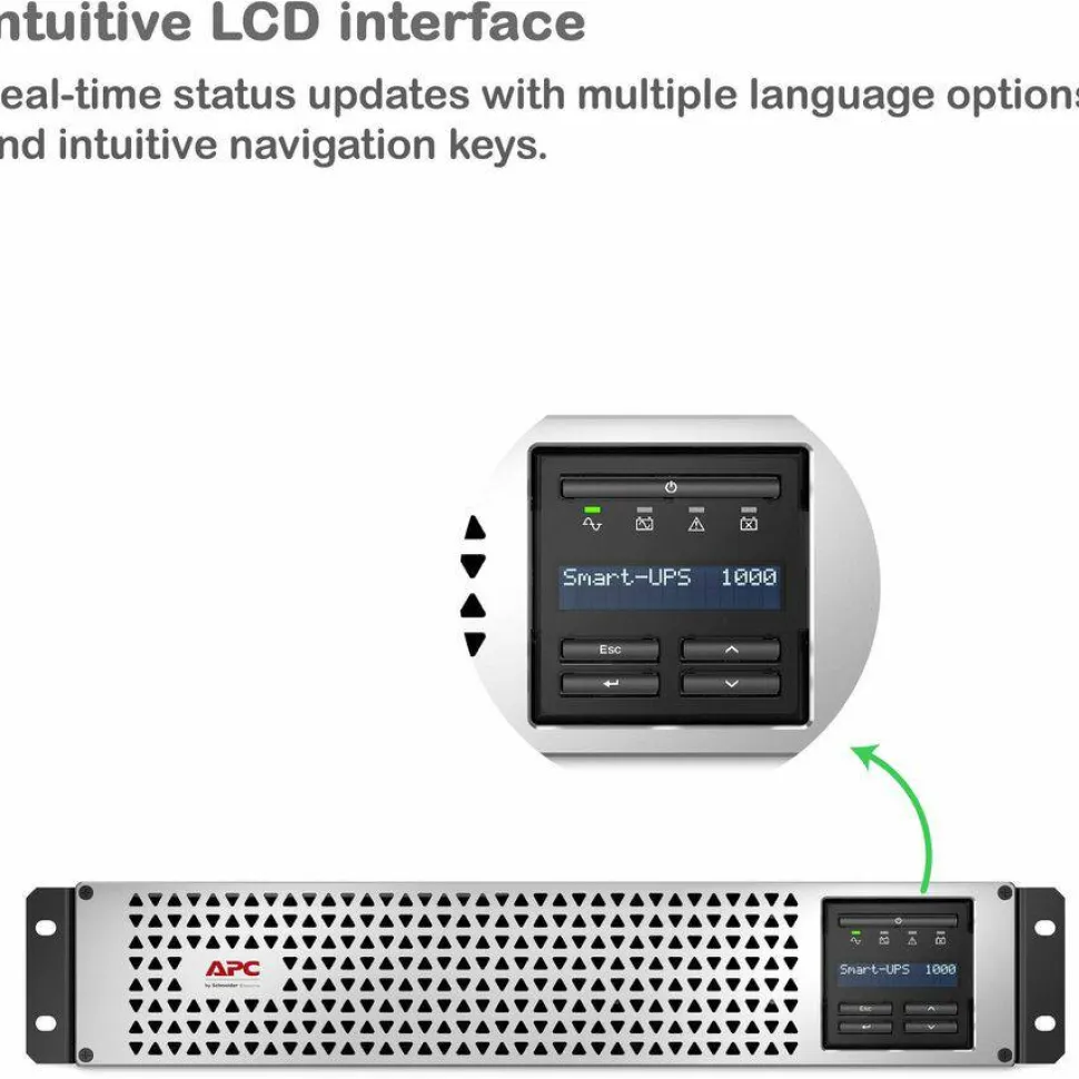 APC Smart-UPS, Line Interactive, 1000VA, Lithium-ion, Rackmount 2U, 120V, 6x NEMA 5-15R outlets, SmartConnect Port+SmartSlot, Short Depth, AVR, LCD