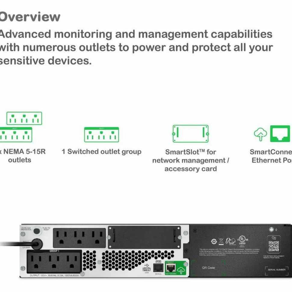 APC Smart-UPS, Line Interactive, 1000VA, Lithium-ion, Rackmount 2U, 120V, 6x NEMA 5-15R outlets, SmartConnect Port+SmartSlot, Short Depth, AVR, LCD