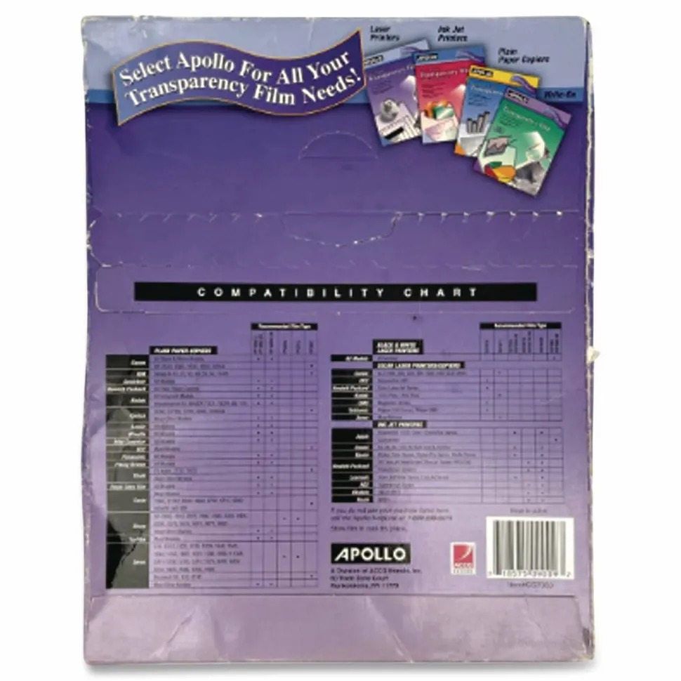 Apollo Laser Printer Transparency Film, 8 1/2" x 11", Box Of 50 Sheets