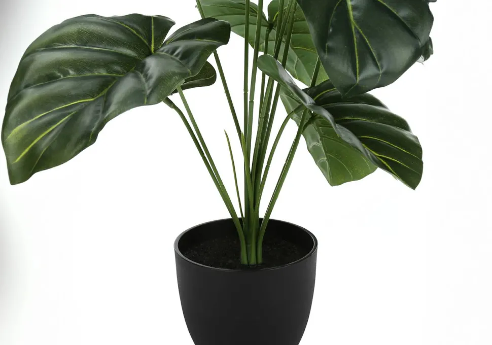 Artificial Plant, 24" Tall, Alocasia, Indoor, Faux, Fake, Table, Greenery, Potted, Real Touch, Decorative, Green Leaves, Black Pot