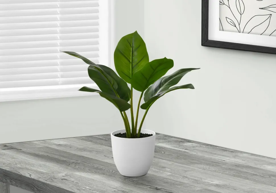 Artificial Plant, 17" Tall, Aureum, Indoor, Faux, Fake, Table, Greenery, Potted, Real Touch, Decorative, Green Leaves, White Pot