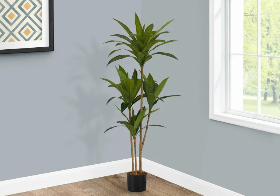 Artificial Plant, 51" Tall, Dracaena Tree, Indoor, Faux, Fake, Floor, Greenery, Potted, Real Touch, Decorative, Green Leaves, Black Pot