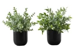 Artificial Plant, 11" Tall, Eucalyptus Grass, Indoor, Faux, Fake, Table, Greenery, Potted, Set Of 2, Decorative, Green Leaves, Black Pots
