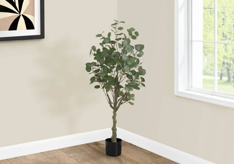 Artificial Plant, 46" Tall, Eucalyptus Tree, Indoor, Faux, Fake, Floor, Greenery, Potted, Decorative, Green Leaves, Black Pot