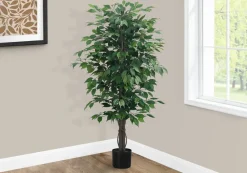 Artificial Plant, 58" Tall, Ficus Tree, Indoor, Faux, Fake, Floor, Greenery, Potted, Decorative, Green Leaves, Black Pot