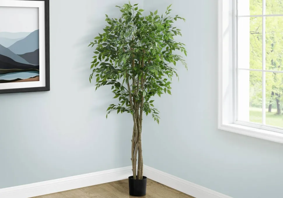 Artificial Plant, 79" Tall, Ficus Tree, Floor, Real Touch, Potted, Green Leaves, Black Pot