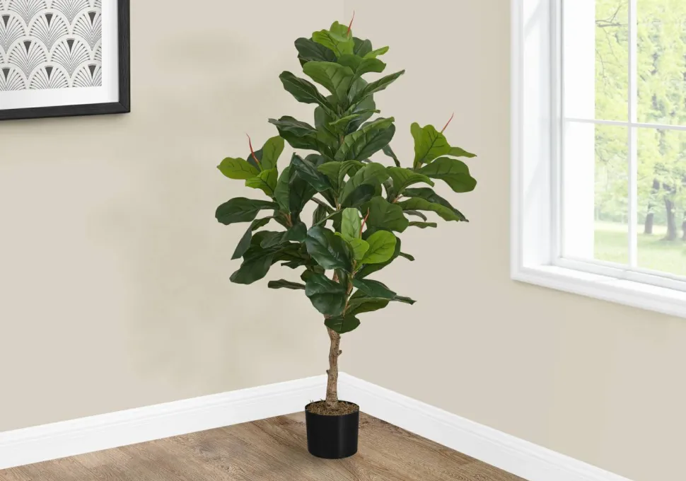 Artificial Plant, 47" Tall, Fiddle Tree, Indoor, Faux, Fake, Floor, Greenery, Potted, Real Touch, Decorative, Green Leaves, Black Pot