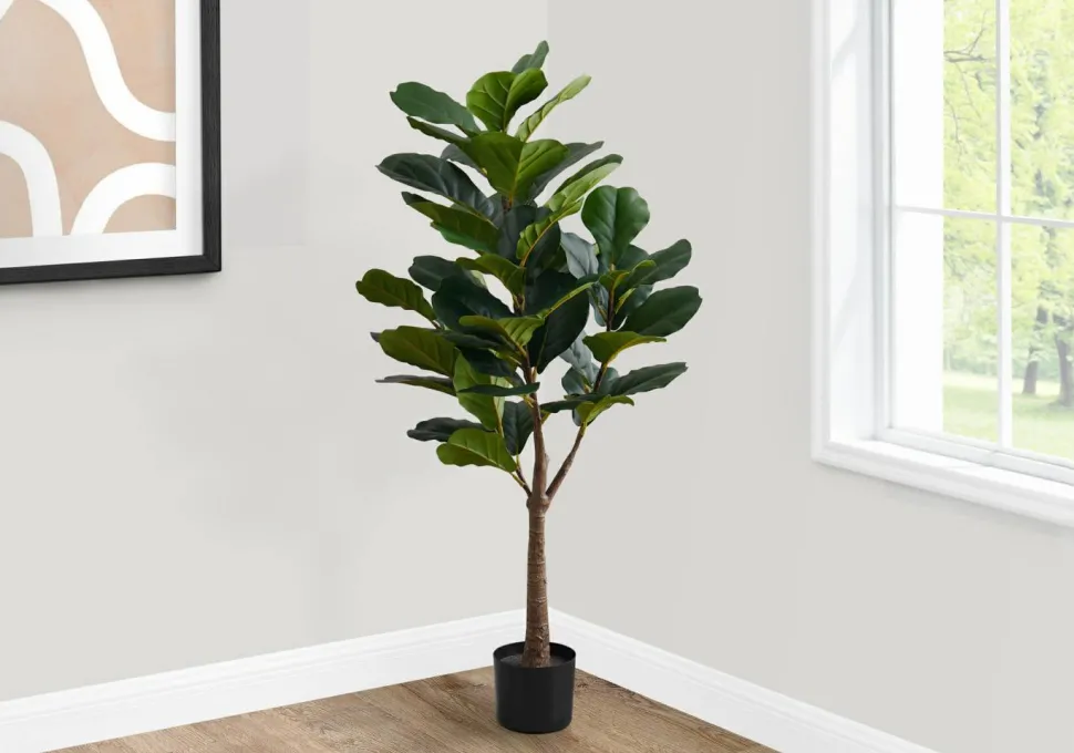 Artificial Plant, 47" Tall, Fiddle Tree, Indoor, Faux, Fake, Floor, Greenery, Potted, Real Touch, Decorative, Green Leaves, Black Pot