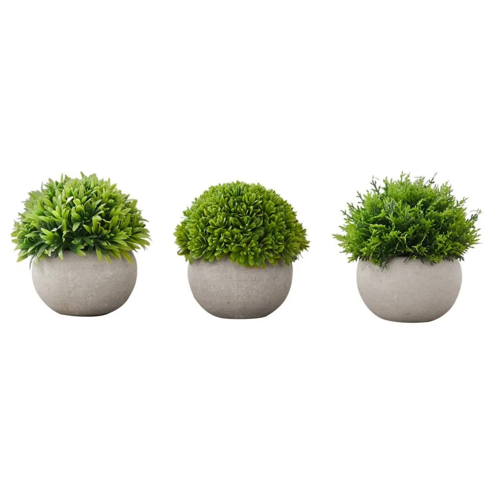 Artificial Plant, 5" Tall, Grass, Indoor, Faux, Fake, Table, Greenery, Potted, Set Of 3, Decorative, Green Plants, Grey Pots