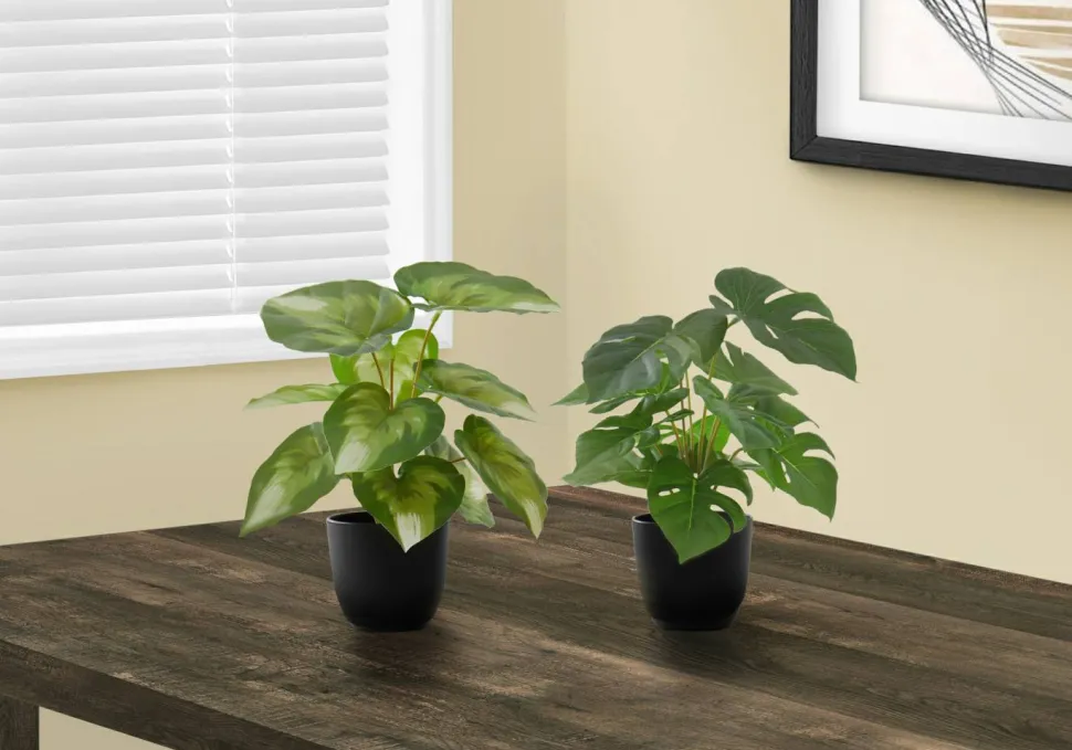 Artificial Plant, 13" Tall, Monstera Calthea, Indoor, Faux, Fake, Table, Greenery, Potted, Set Of 2, Decorative, Green Leaves, Black Pots