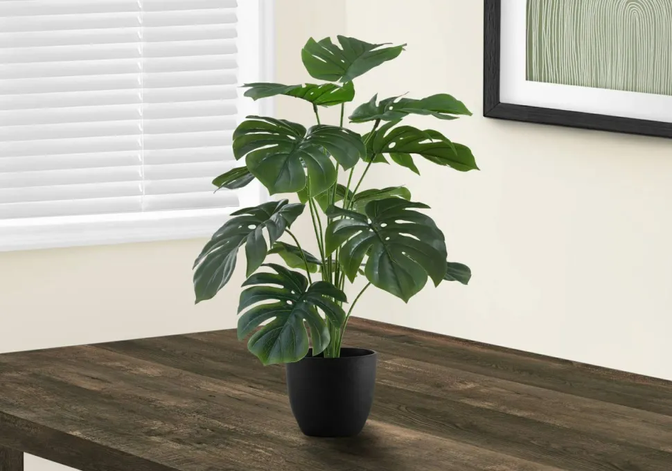 Artificial Plant, 24" Tall, Monstera, Indoor, Faux, Fake, Table, Greenery, Potted, Real Touch, Decorative, Green Leaves, Black Pot