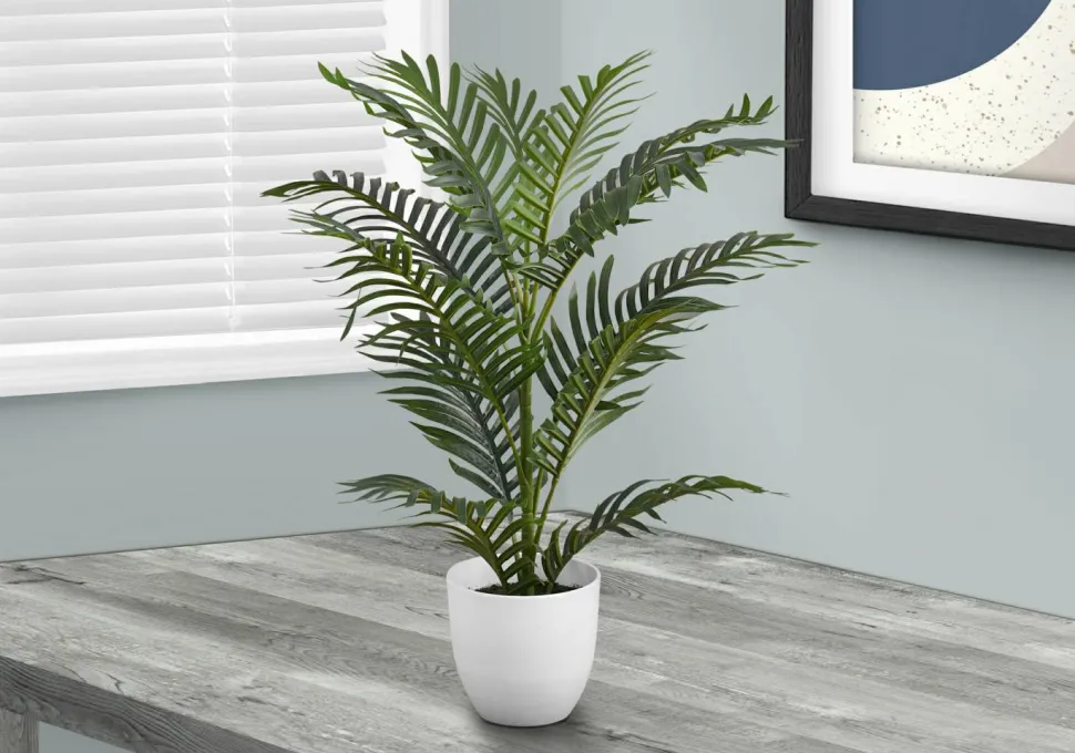 Artificial Plant, 28" Tall, Palm Tree, Indoor, Faux, Fake, Floor, Greenery, Potted, Real Touch, Decorative, Green Leaves, White Pot