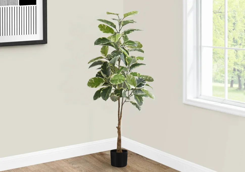 Artificial Plant, 52" Tall, Rubber Tree, Indoor, Faux, Fake, Floor, Greenery, Potted, Real Touch, Decorative, Green Leaves, Black Pot