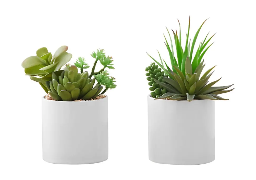 Artificial Plant, 7" Tall, Succulent, Indoor, Faux, Fake, Table, Greenery, Potted, Set Of 2, Decorative, Green Plants, White Ceramic Pots