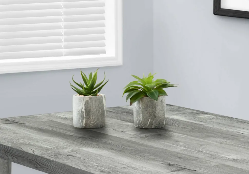 Artificial Plant, 6" Tall, Succulent, Indoor, Faux, Fake, Table, Greenery, Potted, Set Of 2, Decorative, Green Leaves, Grey Cement Pots