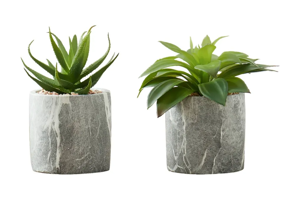 Artificial Plant, 6" Tall, Succulent, Indoor, Faux, Fake, Table, Greenery, Potted, Set Of 2, Decorative, Green Leaves, Grey Cement Pots