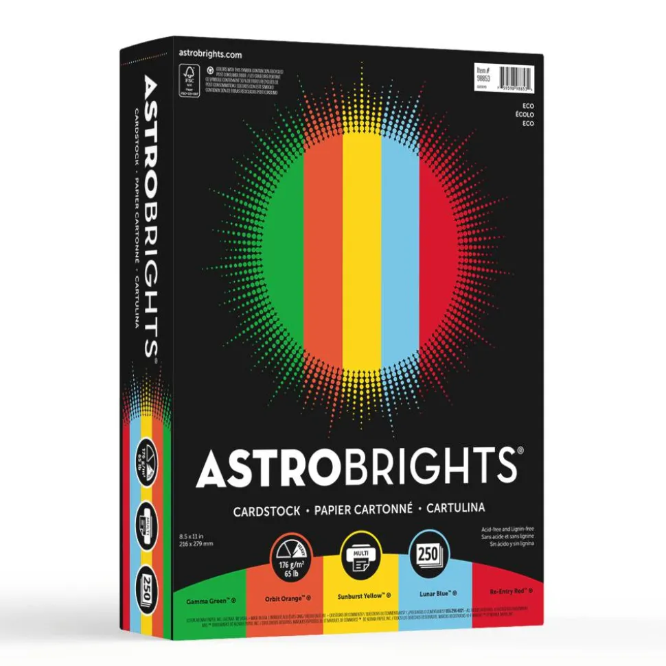 Astrobrights Color Card Stock, Assorted Colors, Letter (8.5" x 11"), 65 Lb, 30% Recycled, FSC Certified, Pack Of 250