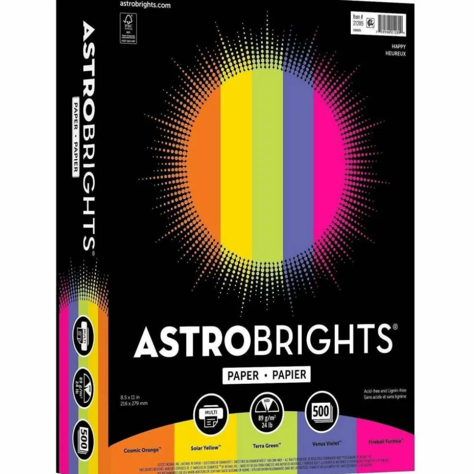 Astrobrights Color Multi-Use Printer & Copy Paper, 1 Ream, Happy Color Assortment, Letter (8.5" x 11"), 500 Sheets Per Ream, 24 Lb, 94 Brightness