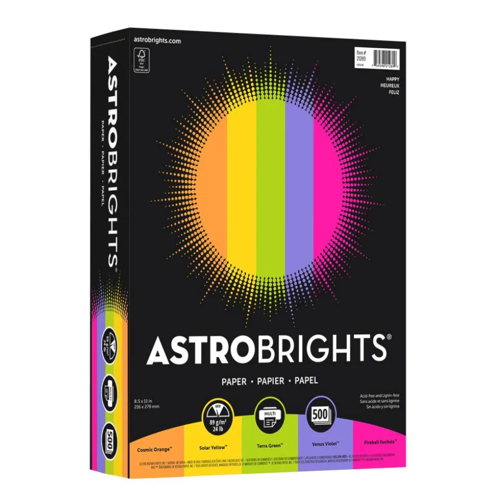 Astrobrights Color Multi-Use Printer & Copy Paper, 1 Ream, Happy Color Assortment, Letter (8.5" x 11"), 500 Sheets Per Ream, 24 Lb, 94 Brightness