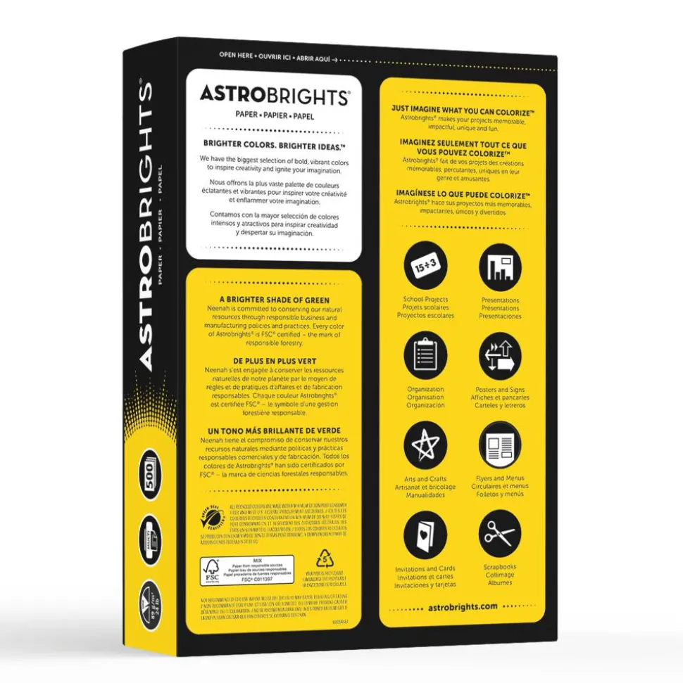 Astrobrights Color Multi-Use Printer & Copy Paper, 1 Ream, Solar Yellow, Letter (8.5" x 11"), 500 Sheets Per Ream, 24 Lb, 94 Brightness