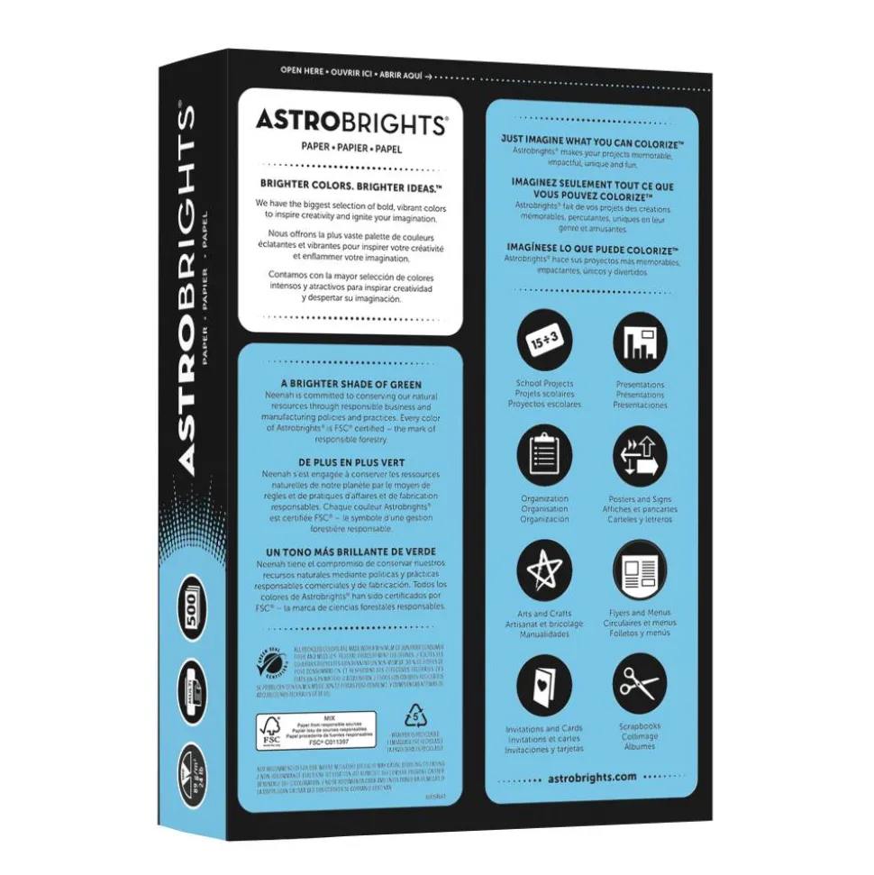 Astrobrights Color Multi-Use Printer & Copy Paper, 1 Ream, Lunar Blue, Letter (8.5" x 11"), 500 Sheets Per Ream, 24 Lb, 94 Brightness