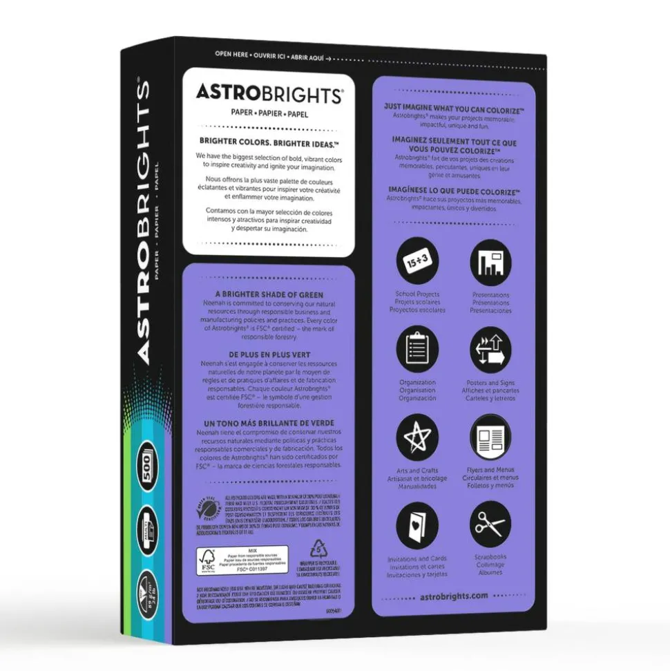 Astrobrights Color Multi-Use Printer & Copy Paper, 1 Ream, Cool Assortment, Letter (8.5" x 11"), 500 Sheets Per Ream, 24 Lb, 94 Brightness