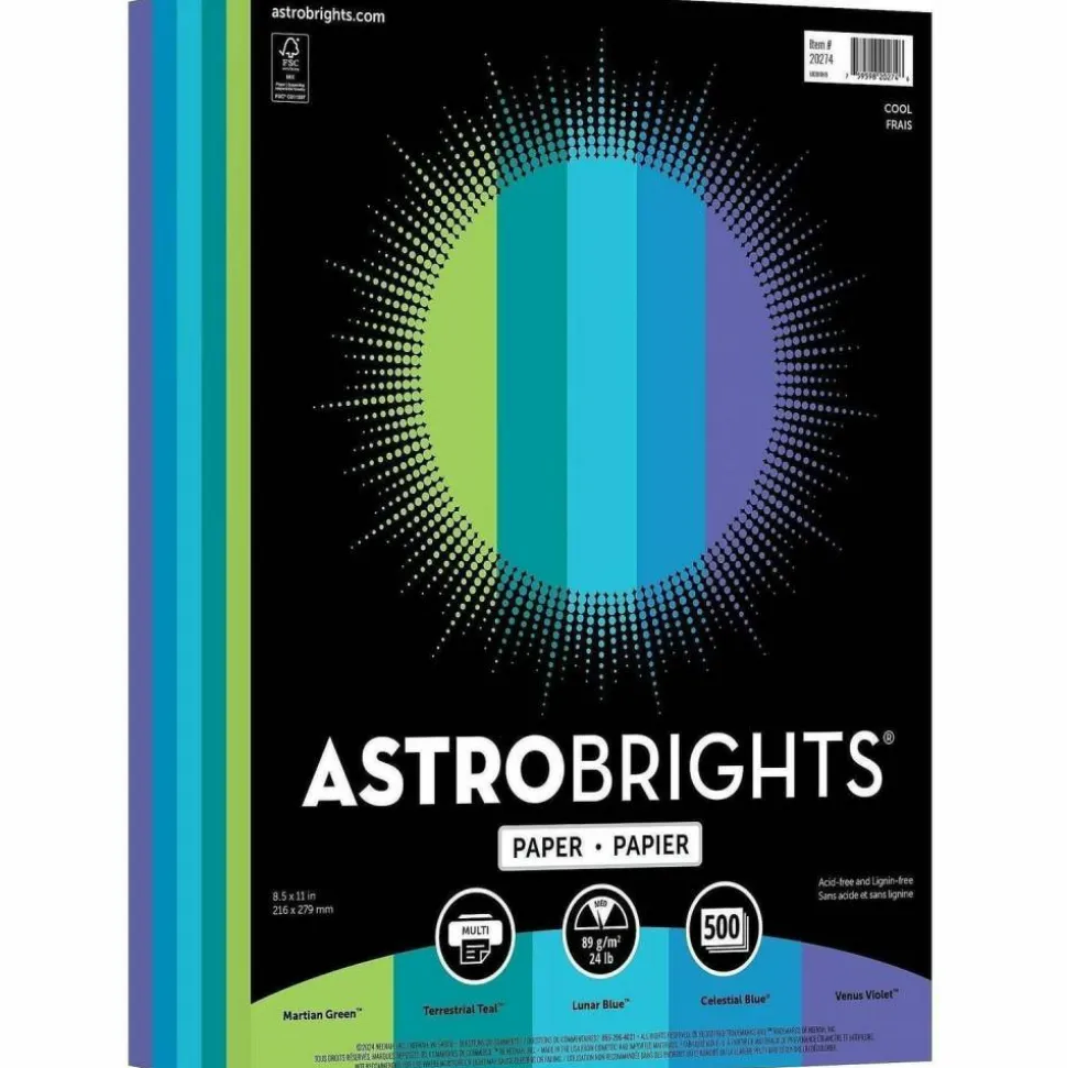 Astrobrights Color Multi-Use Printer & Copy Paper, 1 Ream, Cool Assortment, Letter (8.5" x 11"), 500 Sheets Per Ream, 24 Lb, 94 Brightness
