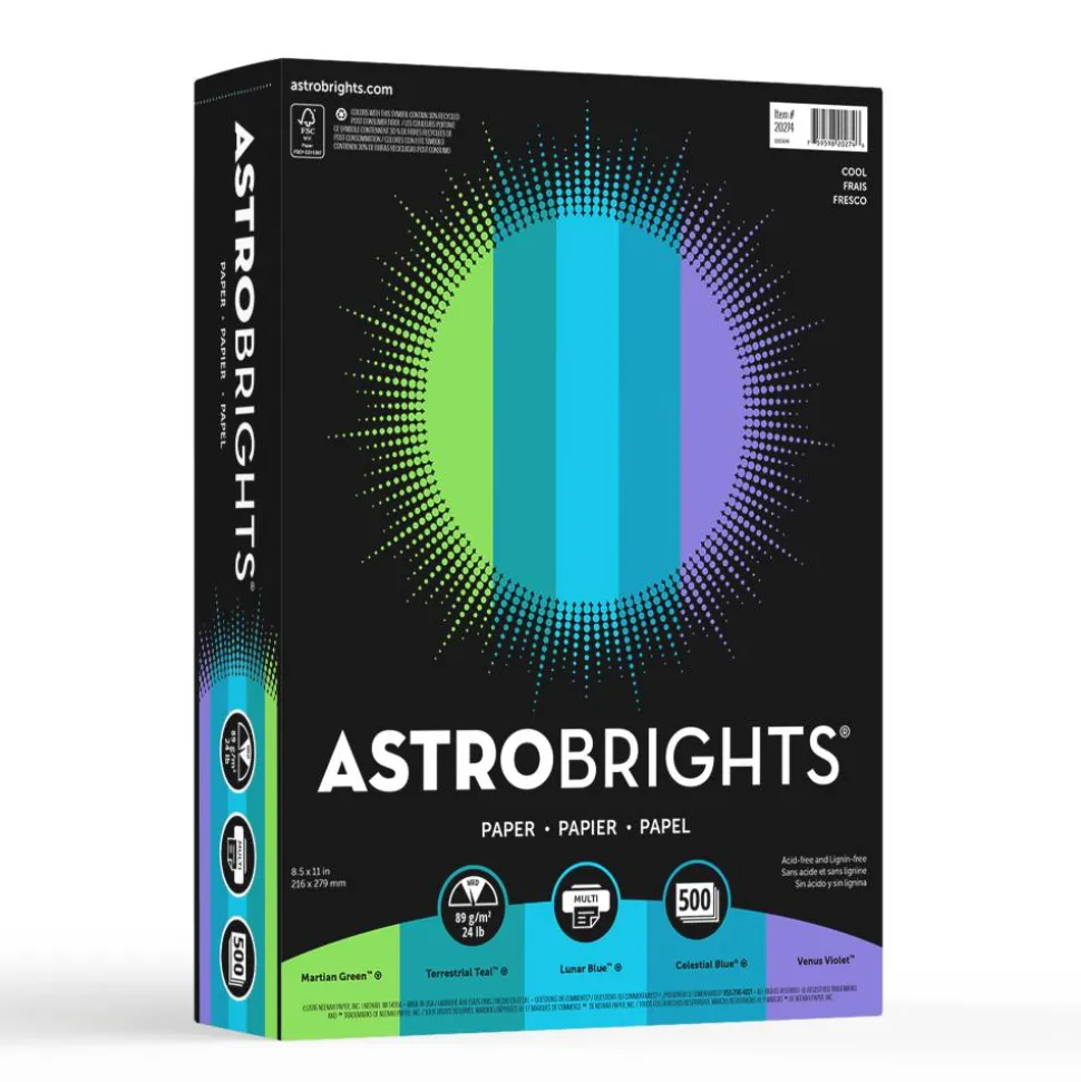 Astrobrights Color Multi-Use Printer & Copy Paper, 1 Ream, Cool Assortment, Letter (8.5" x 11"), 500 Sheets Per Ream, 24 Lb, 94 Brightness