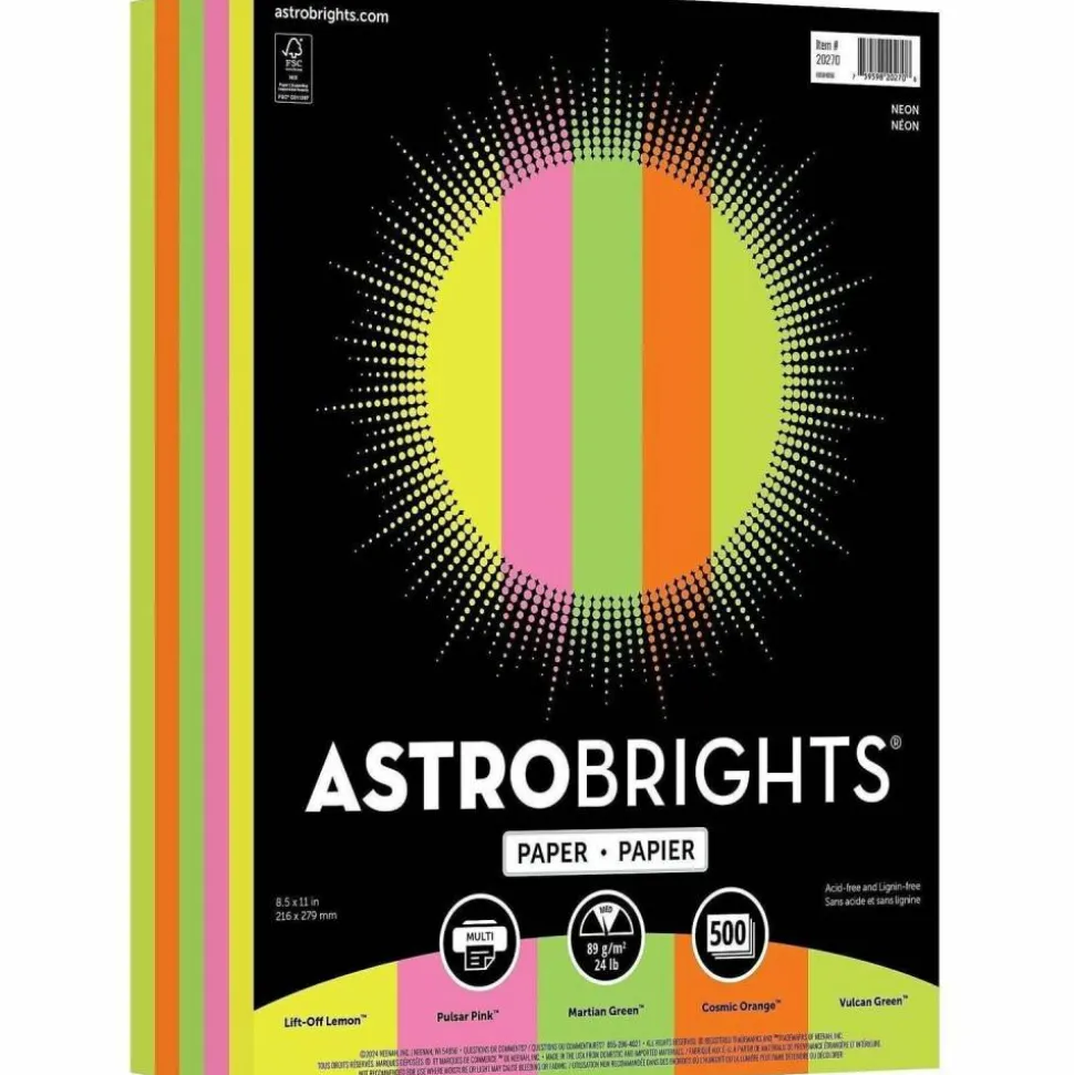 Astrobrights Color Multi-Use Printer & Copy Paper, 1 Ream, Neon Assortment, Letter (8.5" x 11"), 500 Sheets Per Ream, 24 Lb, 94 Brightness