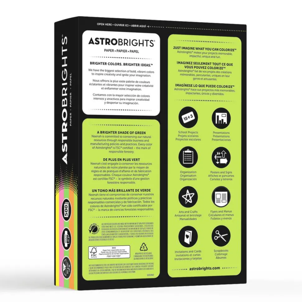 Astrobrights Color Multi-Use Printer & Copy Paper, 1 Ream, Neon Assortment, Letter (8.5" x 11"), 500 Sheets Per Ream, 24 Lb, 94 Brightness