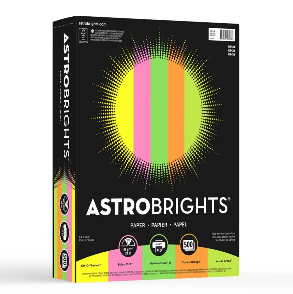 Astrobrights Color Multi-Use Printer & Copy Paper, 1 Ream, Neon Assortment, Letter (8.5" x 11"), 500 Sheets Per Ream, 24 Lb, 94 Brightness