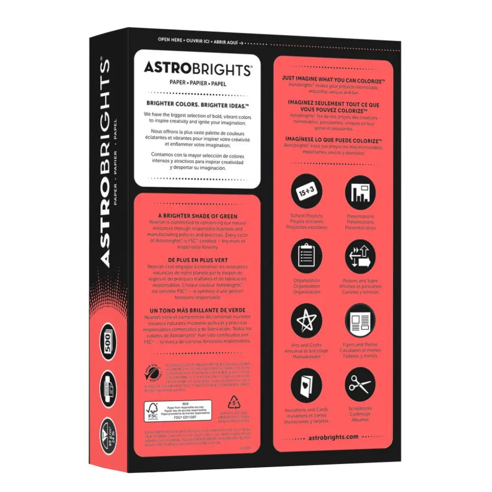 Astrobrights Color Multi-Use Printer & Copy Paper, 1 Ream, Rocket Red, Letter (8.5" x 11"), 500 Sheets Per Ream, 24 Lb, 94 Brightness