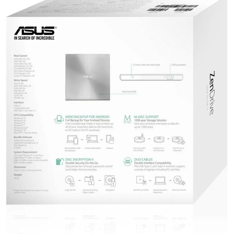 Asus ZenDrive SDRW-08U9M-U DVD-Writer - External - Silver
