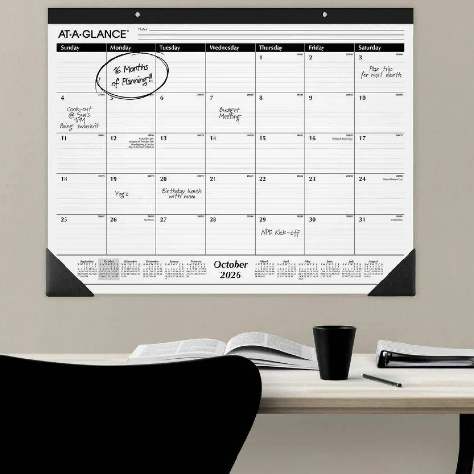AT-A-GLANCE Academic Year Ruled Desk Pad, 21.75 x 17, White Sheets, Black Binding, Black Corners, 16-Month: Sept 2026 to Dec 2027, 2027 Calendar