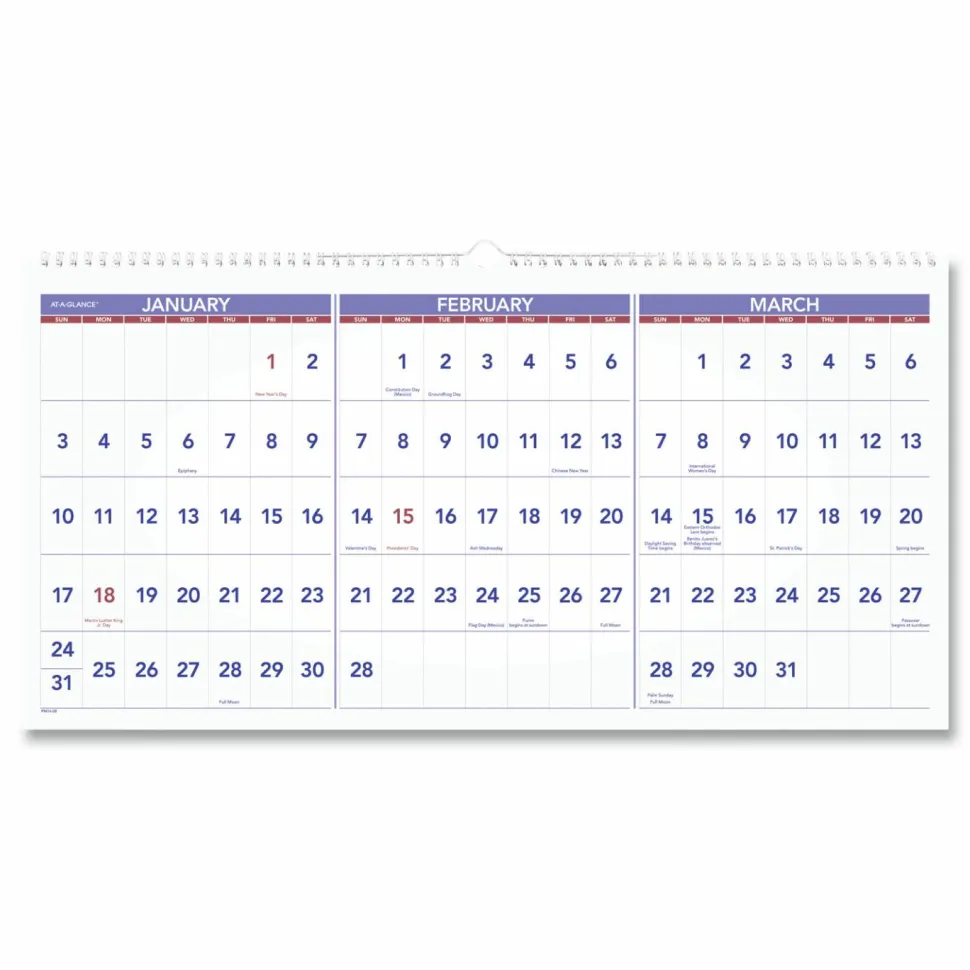 AT-A-GLANCE Deluxe Three-Month Reference Wall Calendar, Horizontal Orientation, 24 x 12, White Sheets, 15-Month: Dec 2026 to Feb 2028, 2027 Calendar