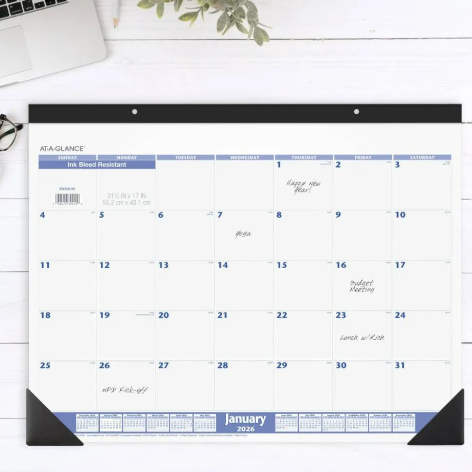 AT-A-GLANCE Desk Pad, 22 x 17, White Sheets, Black Binding, Black Corners, 12-Month (Jan to Dec): 2027, 2027 Calendar