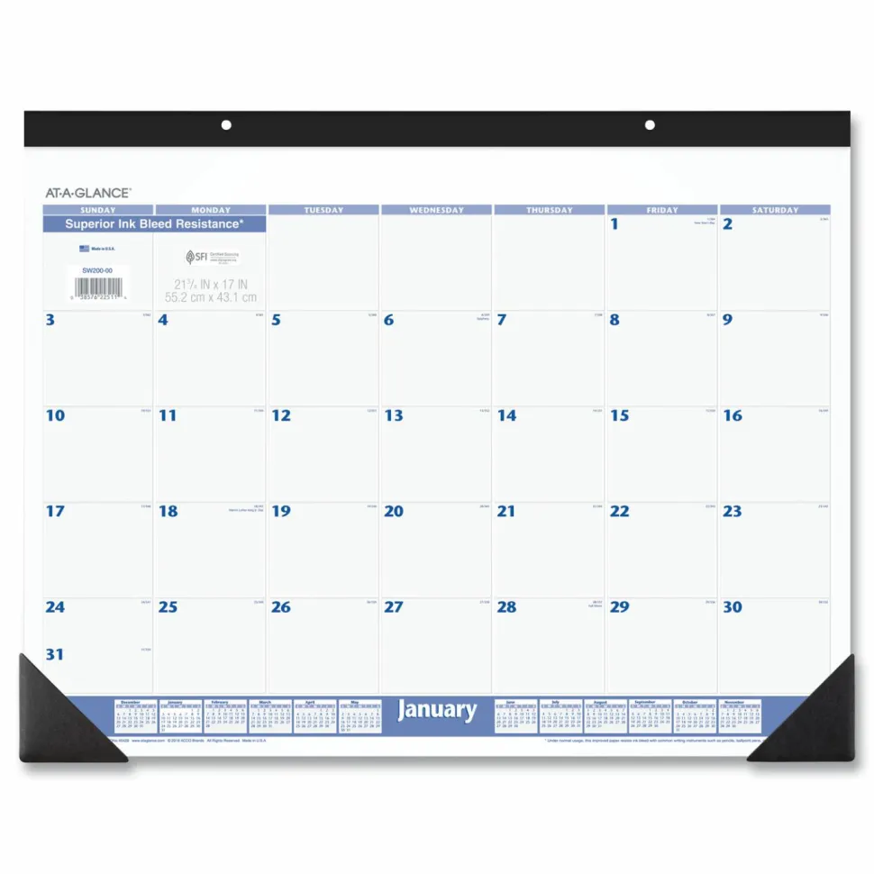 AT-A-GLANCE Desk Pad, 22 x 17, White Sheets, Black Binding, Black Corners, 12-Month (Jan to Dec): 2027, 2027 Calendar