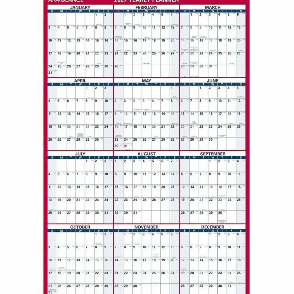 AT-A-GLANCE Erasable Vertical/Horizontal Wall Planner, 32 x 48, White/Blue/Red Sheets, 12-Month (Jan to Dec): 2027, 2027 Calendar