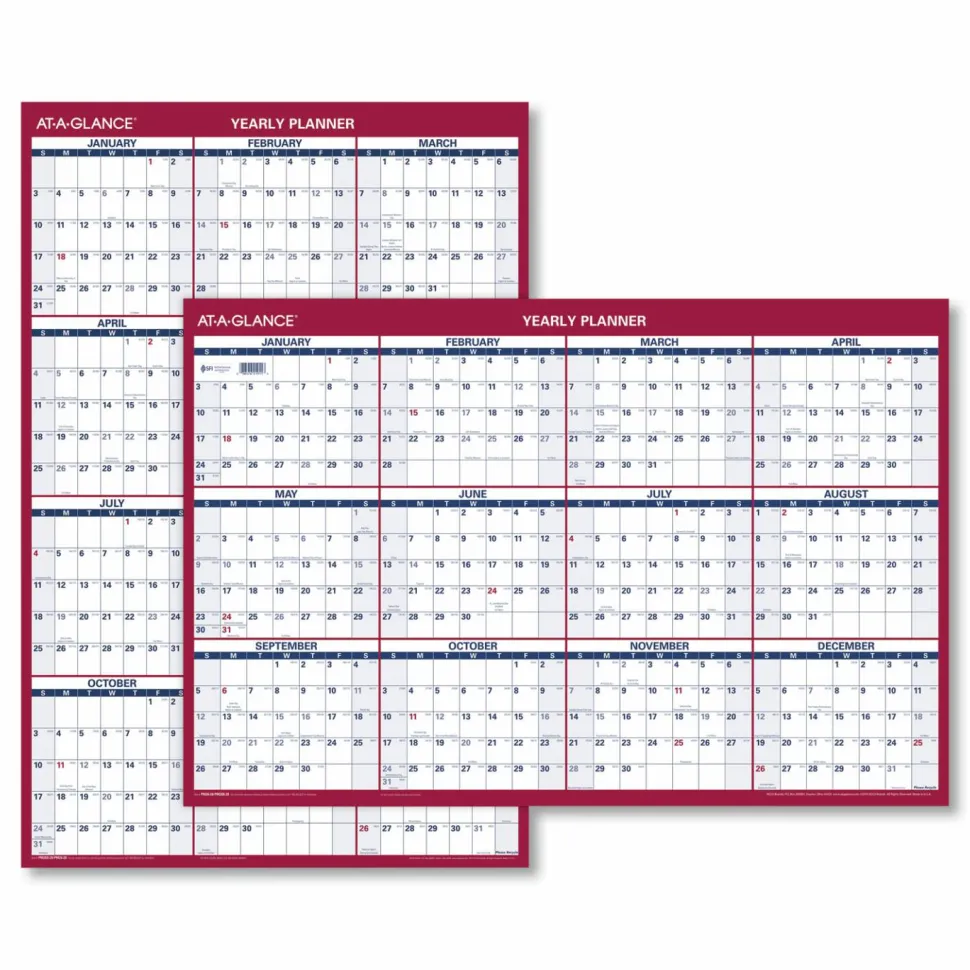 AT-A-GLANCE Erasable Vertical/Horizontal Wall Planner, 32 x 48, White/Blue/Red Sheets, 12-Month (Jan to Dec): 2027, 2027 Calendar
