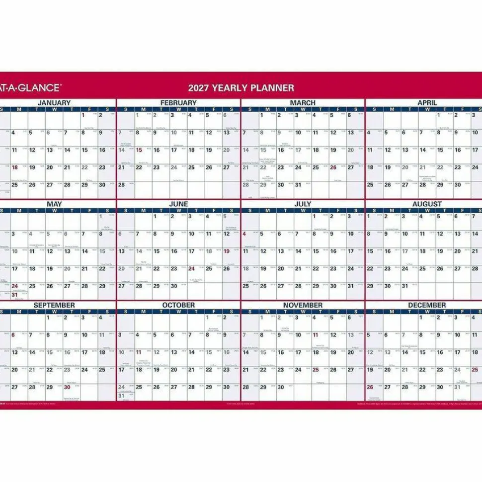AT-A-GLANCE Erasable Vertical/Horizontal Wall Planner, 32 x 48, White/Blue/Red Sheets, 12-Month (Jan to Dec): 2027, 2027 Calendar