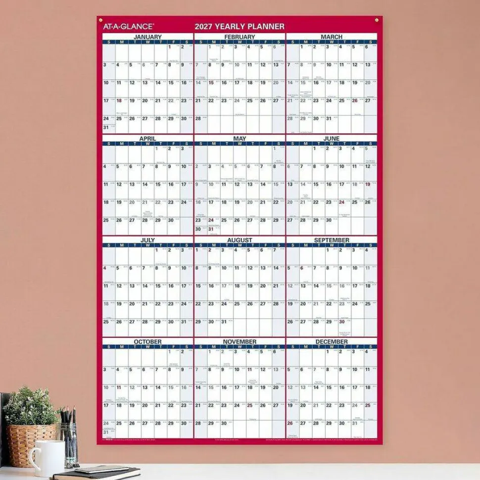 AT-A-GLANCE Erasable Vertical/Horizontal Wall Planner, 32 x 48, White/Blue/Red Sheets, 12-Month (Jan to Dec): 2027, 2027 Calendar