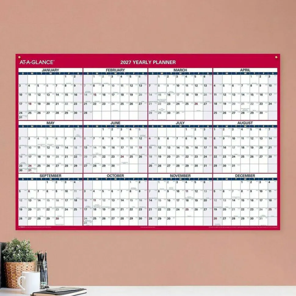 AT-A-GLANCE Erasable Vertical/Horizontal Wall Planner, 32 x 48, White/Blue/Red Sheets, 12-Month (Jan to Dec): 2027, 2027 Calendar