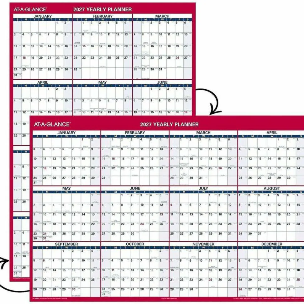 AT-A-GLANCE Erasable Vertical/Horizontal Wall Planner, 32 x 48, White/Blue/Red Sheets, 12-Month (Jan to Dec): 2027, 2027 Calendar