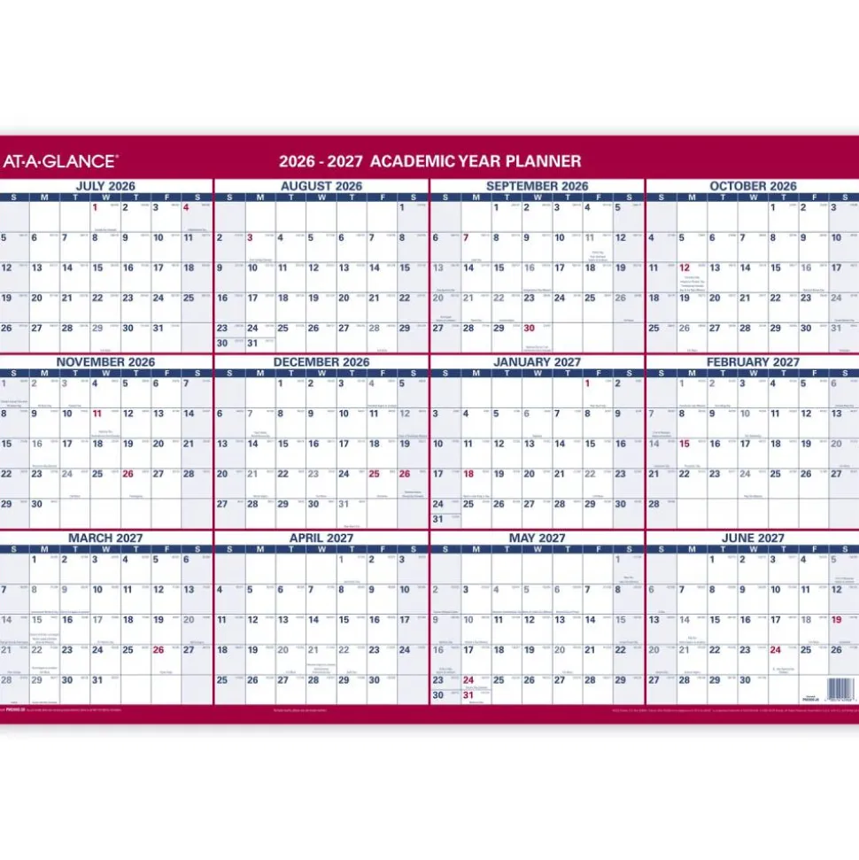 AT-A-GLANCE Horizontal Reversible Erasable Academic and Regular Year 2026-2027 Wall Calendar, Large, 36" x 24"
