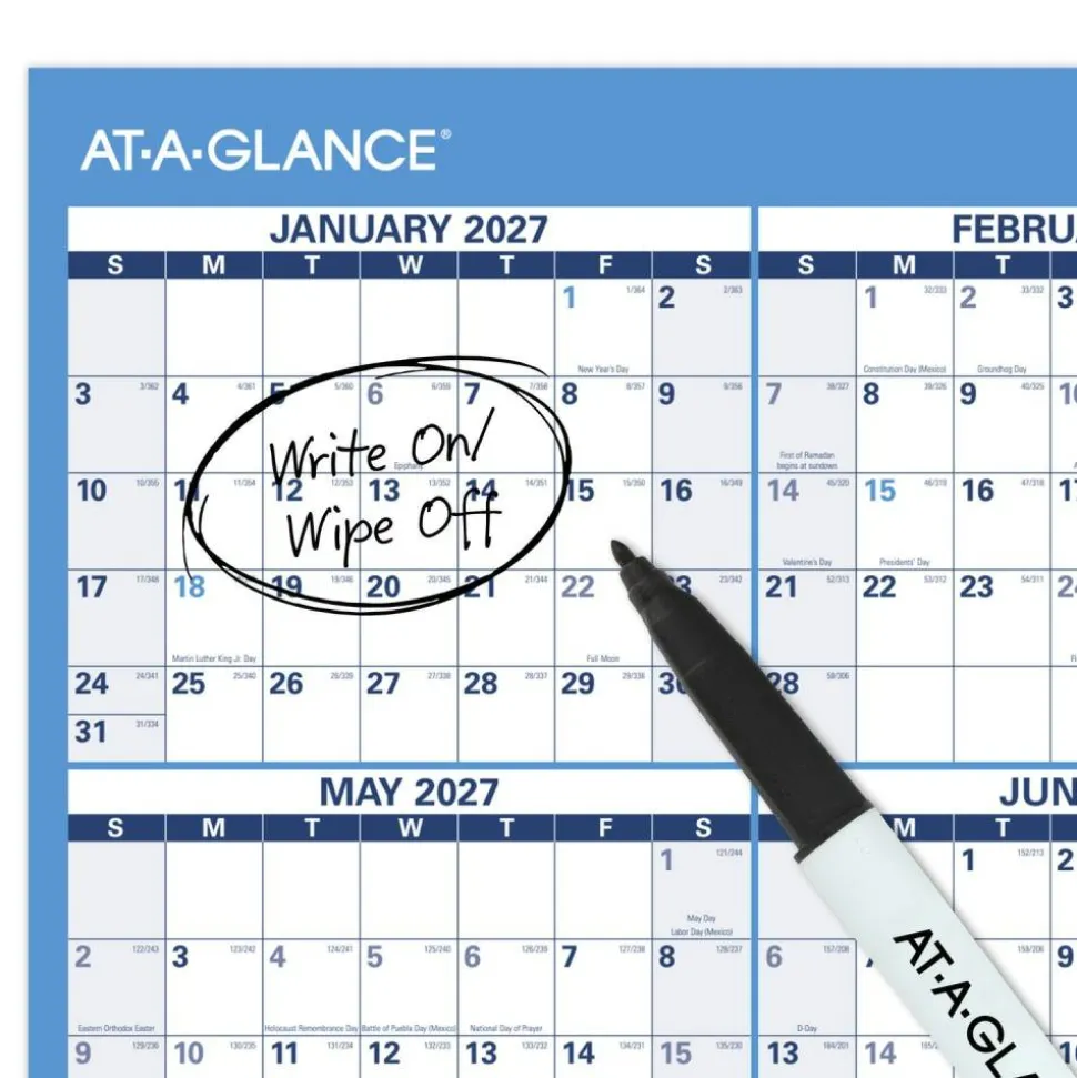AT-A-GLANCE Horizontal Reversible Erasable Academic and Regular Year 2026-2027 Wall Calendar, Large, 36" x 24"