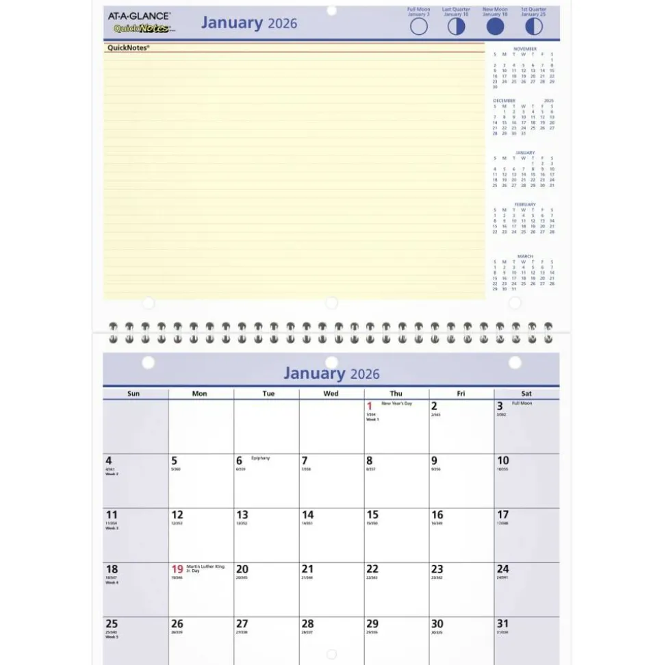 AT-A-GLANCE QuickNotes Desk/Wall Calendar, 3-Hole Punched, 11 x 8, White/Blue/Yellow Sheets, 12-Month (Jan to Dec): 2027, 2027 Calendar