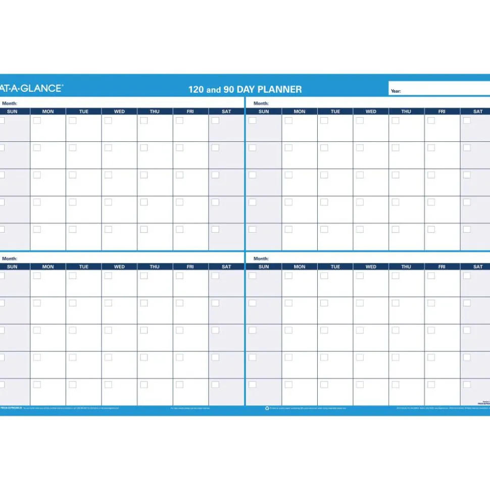 AT-A-GLANCE 30% Recycled Undated Erasable/Reversible Wall Planner, 90/120 Day, 36" x 24", Black/Blue, PM-239-28, Undated Calendar