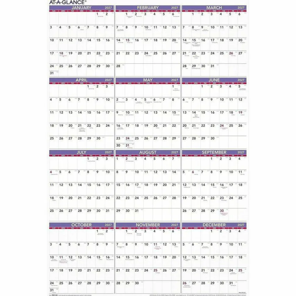 At-A-Glance Recycled Yearly Wall Calendar 24" x 36" English, 2027 Calendar