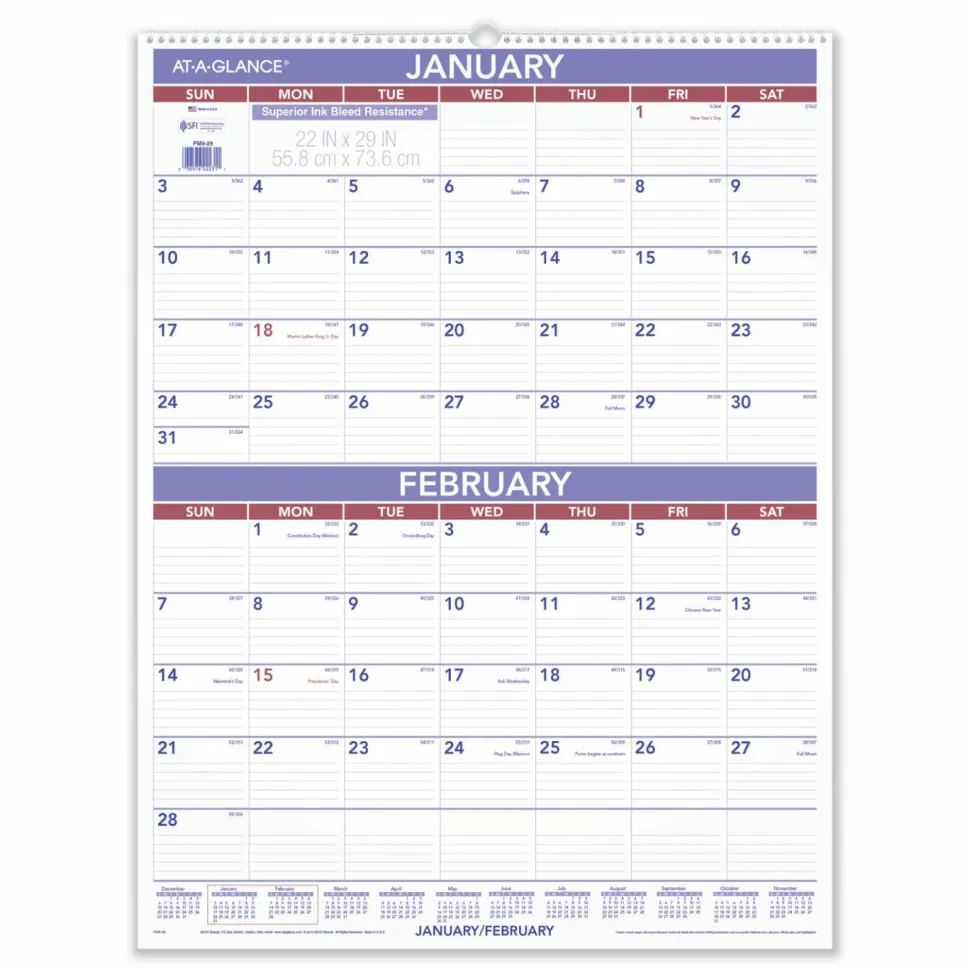 AT-A-GLANCE Two-Month Wall Calendar, 22 x 29, White/Blue/Red Sheets, 12-Month (Jan to Dec): 2027, 2027 Calendar